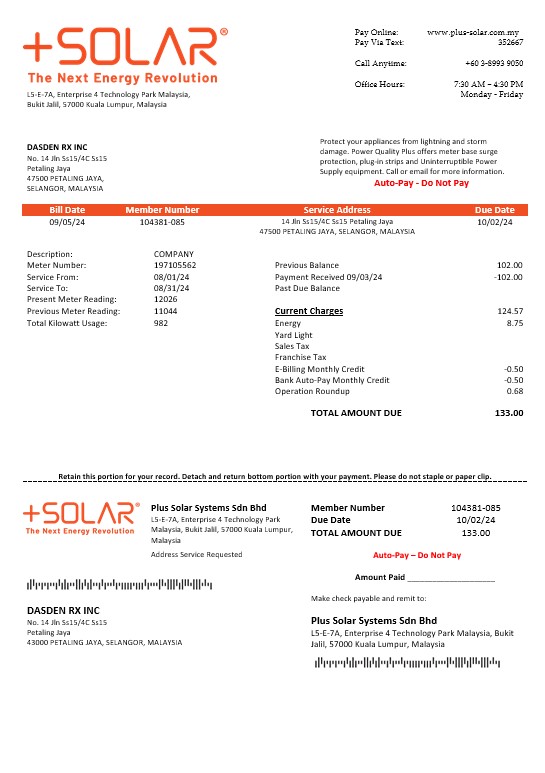 Malaysia Plus Solar Systems Sdn Bhd business utility bill template in Word and PDF formats